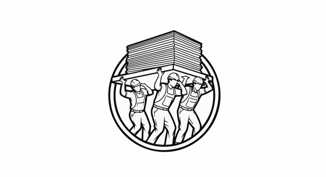 Three men in hard hats carry a large stack of lumber on their shoulders