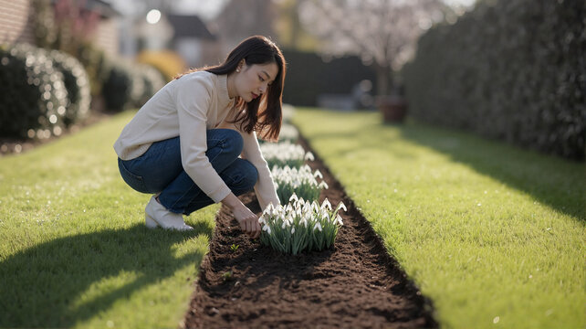 Young woman gardening and planting flowers in a sunny backyard  