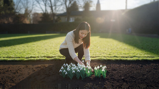 Young woman planting flowers in garden during sunny day  