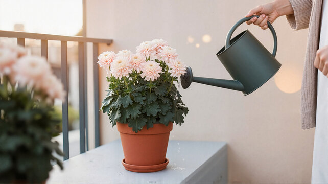 Woman watering pink flowers in pot on balcony during daytime  