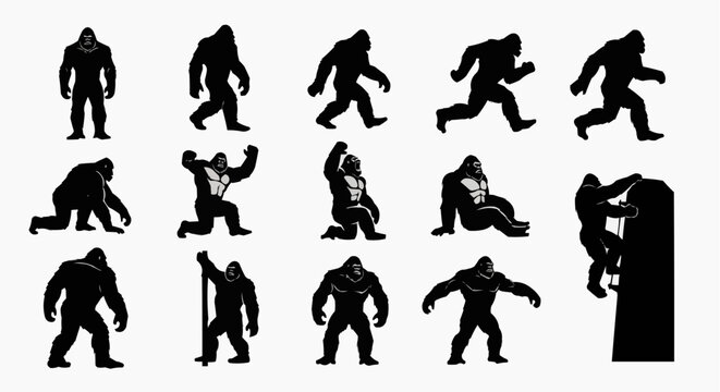 Black silhouettes gorilla poses collection, various actions and positions, gorilla illustrations