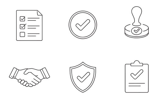 Verification icons showing checklist circular checkmark stamp handshake shield and clipboard in simple line style