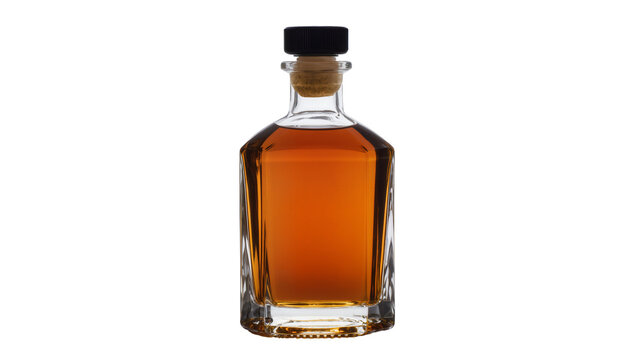 Clear glass decanter bottle with amber liquid and cork stopper, isolated on transparent background