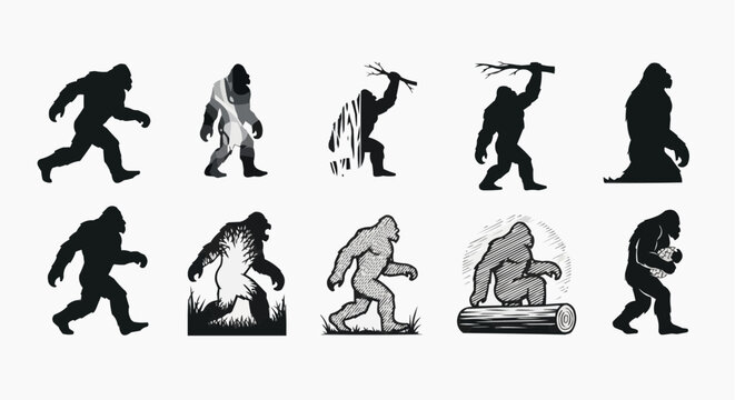 Bigfoot silhouettes walking running holding objects in various poses and styles