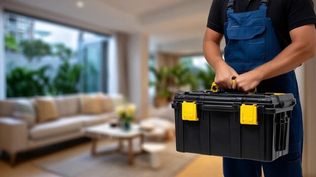 Close-up of a toolbox in the technician&rsquo;s hand, technician slightly blurred in the background approaching the living room, modern home interior with sofa and coffee table, warm lig