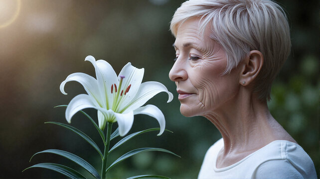 Elderly woman admiring white lily flower in natural garden setting  