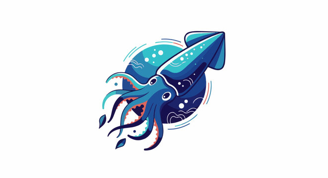 Stylized blue squid with tentacles and circular background elements
