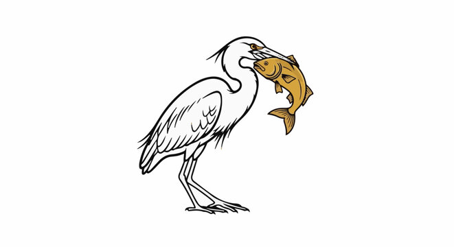 A white crane with a golden fish in its beak stands on thin legs