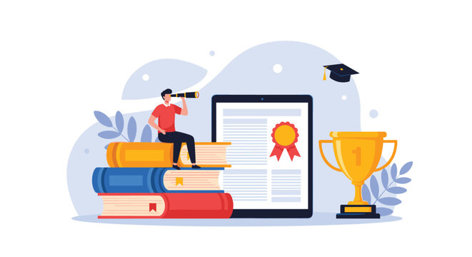 Miniature businessman with a telescope sitting on a stack of books next to a digital tablet and a large gold trophy cup.
