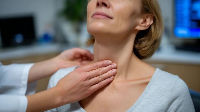 Close-up perspective of doctor&rsquo;s hands palpating lymph nodes along a woman&rsquo;s neck, subtle pressure visible, patient&rsquo;s head slightly tilted, background showing medical instruments a