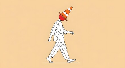 Fototapeta premium Casual man walking with a traffic cone on head. Safety and construction concept. Person in white clothes strolling forward wearing an orange safety cone