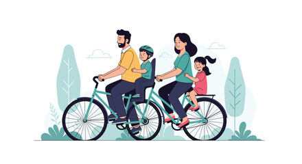 Fototapeta premium Happy family of four including parents and two children enjoys a coordinated bike ride together on a tandem bicycle in a scenic outdoor park.