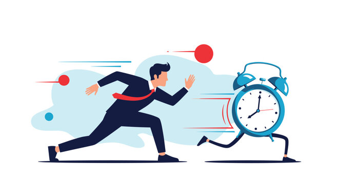 Stressed businessman in a professional suit runs frantically to catch up with a giant blue alarm clock, symbolizing deadlines and pressure.