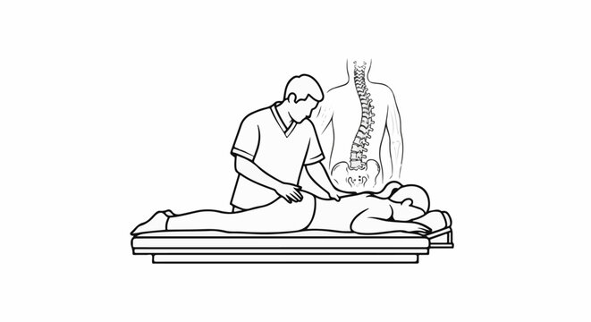 A person receives a spinal adjustment from a practitioner in a medical illustration
