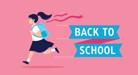 Obraz premium Young schoolgirl with a blue backpack runs excitedly towards a Back to School banner on a bright pink background to start the new term.