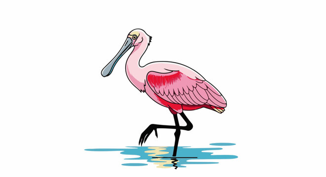 Pink spoonbill bird wading in shallow blue water