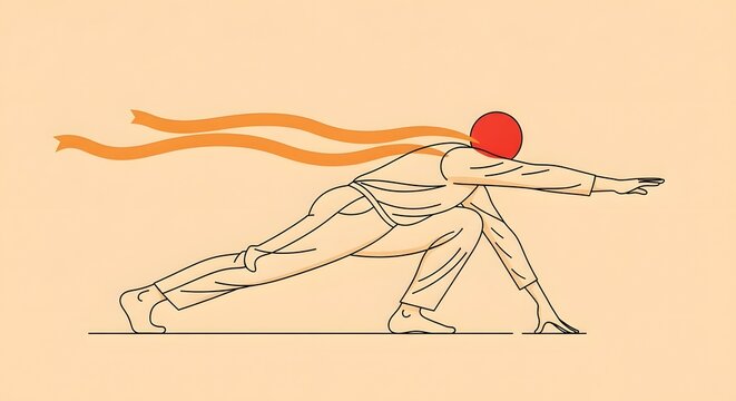 Competitive athlete at the starting line of a race. Ambition and beginning concept. Person in crouched position reaching forward with flowing orange ribbons