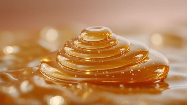 Honey is seen pouring in a thick stream onto a smooth surface. The scene shows clear details of the texture and color, highlighting the viscosity and shine in good lighting.