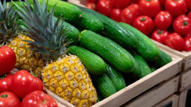 Close-up shot of a wooden crate containing a colorful mix of fruits and vegetables like pineapples, tomatoes, cucumbers, and strawberries, textures of fresh produce illuminated by