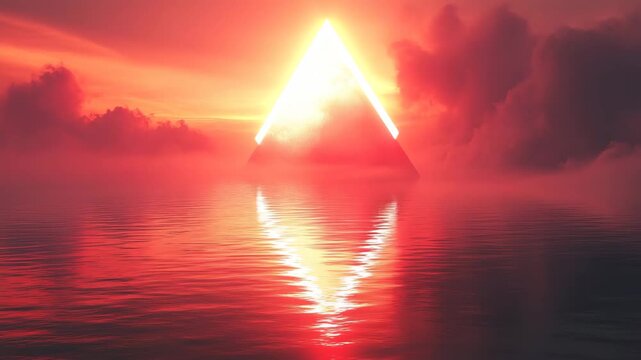 red pyramid on the water surface, sci fi alien world