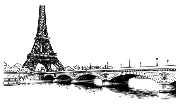 Eiffel Tower and Seine River bridge Paris sketch detailed vector illustration