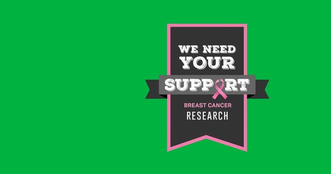 Digital animation of we need your support breast cancer research text banner on black background