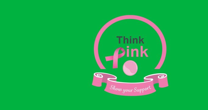 Digital animation of think pink text banner with pink ribbon heart icon against black background