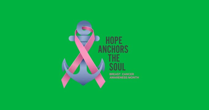 Breast cancer awareness month text with pink ribbon over anchor icon against black background