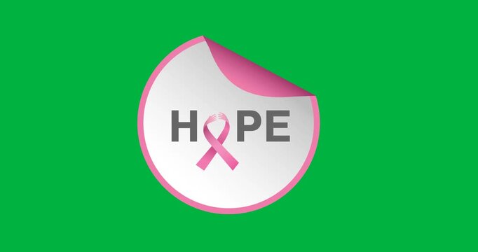 Digital animation of hope text with pink ribbon icon over round banner against black background