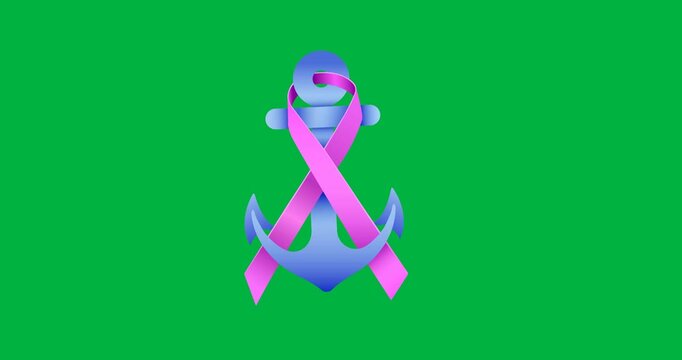 Digital animation of purple ribbon over blue anchor icon against black background
