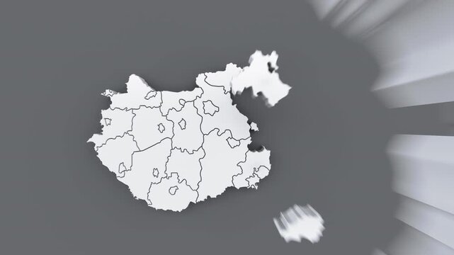 Animated map of Hungary, white map on gray background.