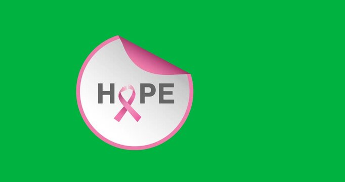 Digital animation of hope text with pink ribbon icon over round banner against black background