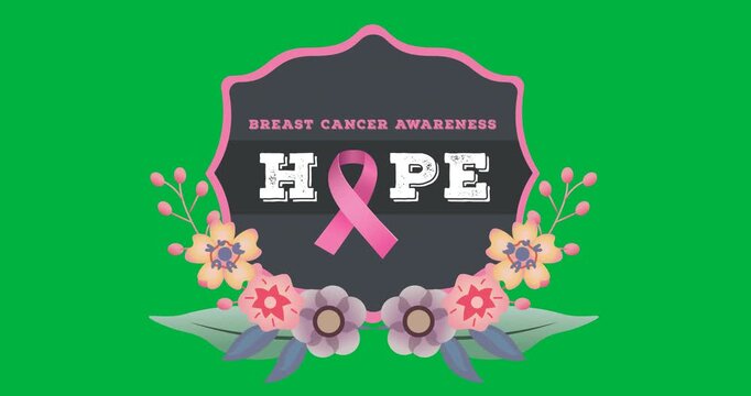 Digital animation of breast cancer awareness hope text banner and floral designs on black background