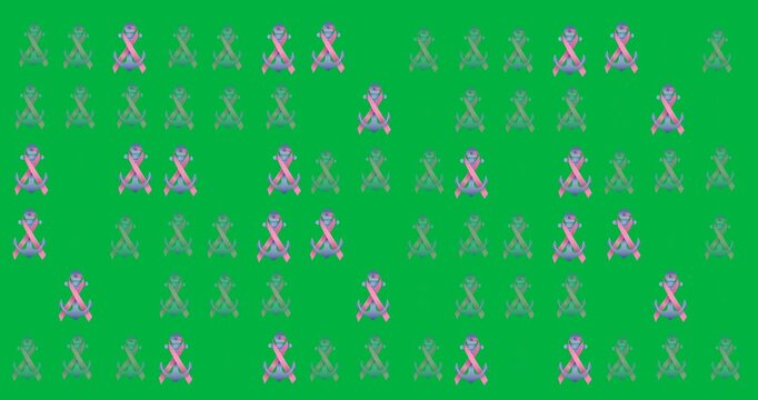 Digital animation of multiple pink ribbon over blue anchor icons against black background