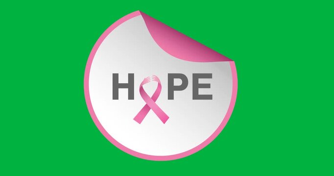 Digital animation of hope text with pink ribbon icon over round banner against black background