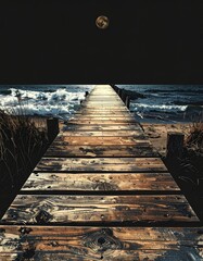 Fototapeta premium Rustic Wooden Pier Reflecting Warm Sunlight Leads to Wavy Ocean Under Full Moon