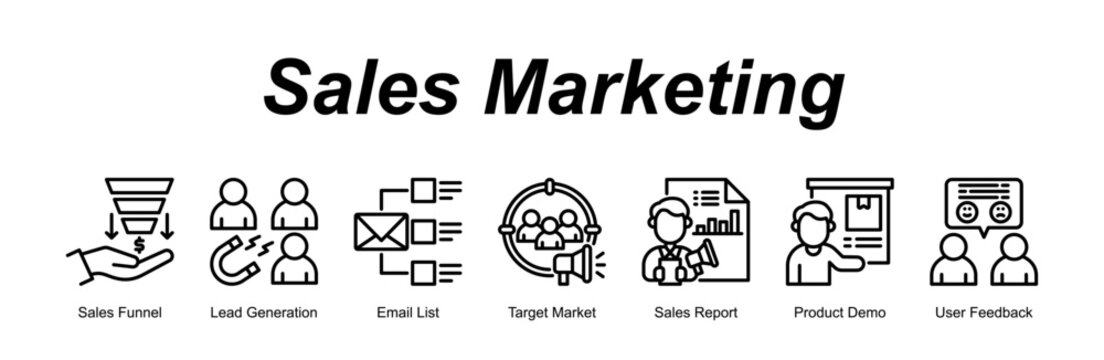 Sales Marketing banner web icon vector illustration concept with an icon of Sales Funnel, Lead Generation, Email List, Target Market, Sales Report, Product Demo, User Feedback