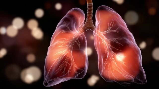 Dark cinematic composition of human lungs glowing with swirling smoke, a burning cigarette in the foreground emitting faint embers, smoky textures forming damaged tissue patterns,