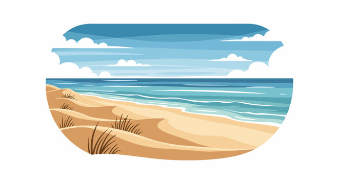 Rolling sand dunes meet the vast ocean under a cloudy blue sky