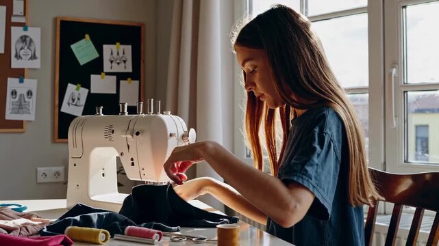 Young Girl Creates Clothing At Home Studio. White Student Diligently Sews In Sunlit Creative Space. Inspiring Scene Of Young Woman Making Garments With Skilled Hands At Her Personal Workspace