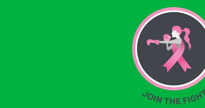 Join the fight text with pink ribbon over female boxer icon on round banner against black background