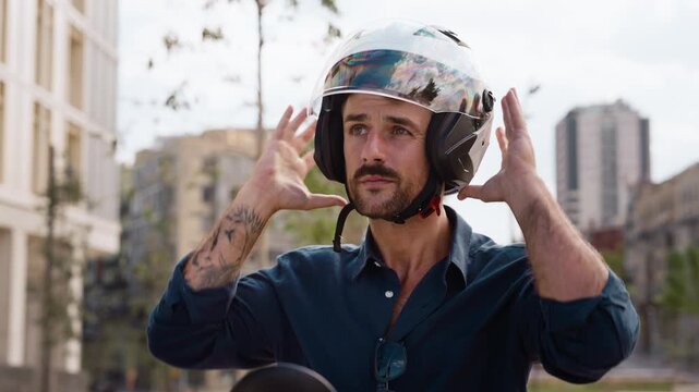 Video of attractive man putting on his helmet to get on a motorbike in the city