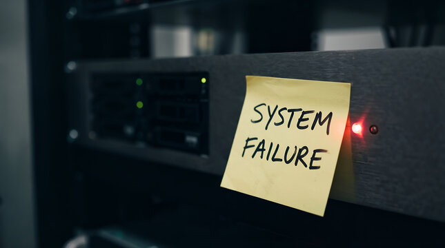 Server System Failure with Warning Sticky Note