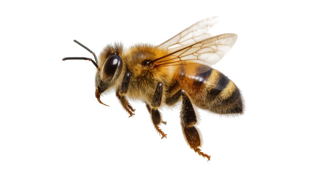 Fuzzy honey bee with striped abdomen, isolated on transparent background