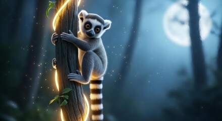 Fototapeta premium Cute lemur climbing tree in mystical forest under full moonlight