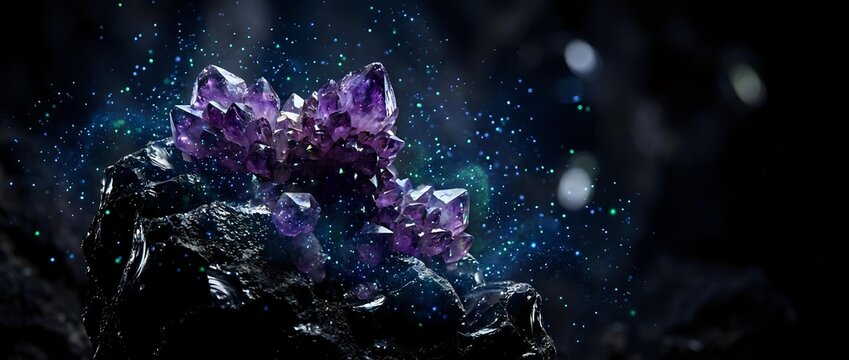 Purple amethyst crystal cluster on dark rock formation against starry night sky background with cosmic nebula and celestial elements for spiritual healing concepts.