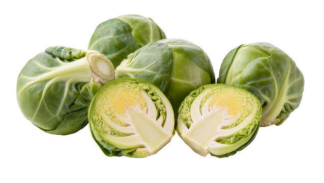 Fresh green Brussels sprouts one halved, isolated on transparent background
