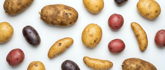 Obraz premium Assorted fresh potatoes in various colors and sizes scattered on white background, perfect for cooking and culinary designs.
