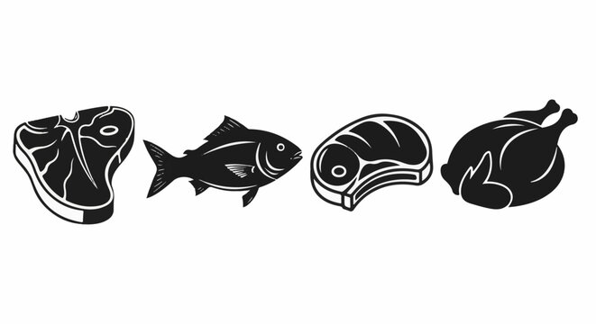 A T-bone steak, a fish, a sirloin steak, and a whole roasted chicken