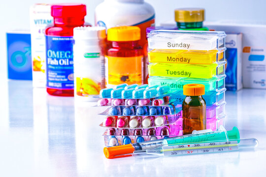 Drug prescription for treatment medication. Pharmaceutical medicament, cure in container for health. Pharmacy theme, capsule pills with medicine antibiotic in packages.